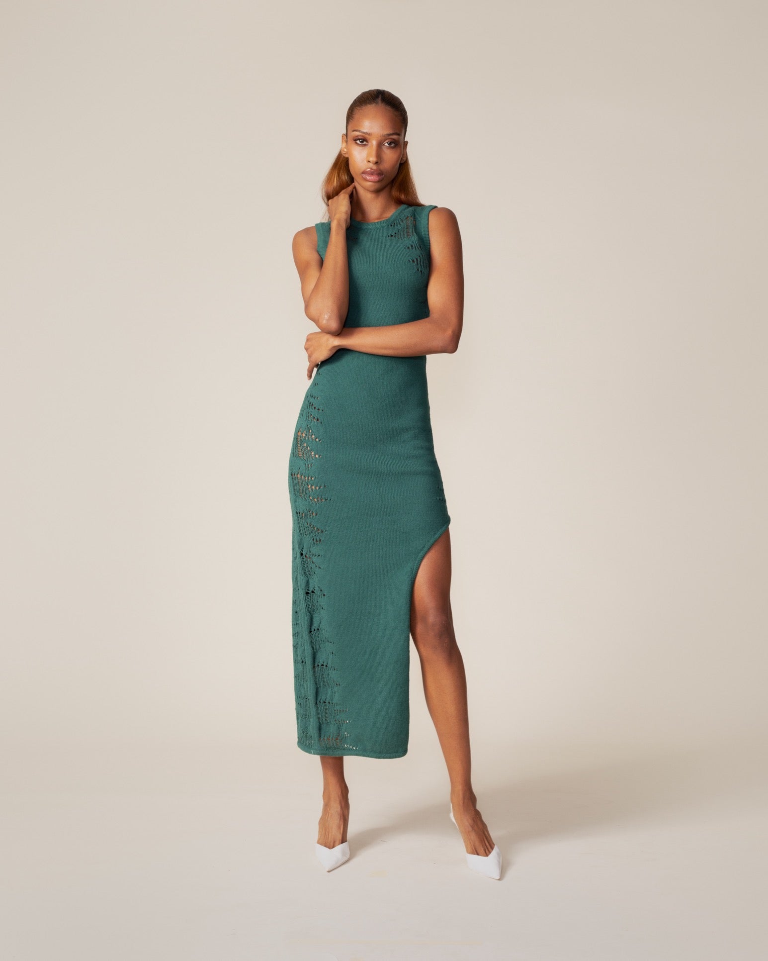 DP - Bistro Green Asymmetric Ladder Dress - Model - front