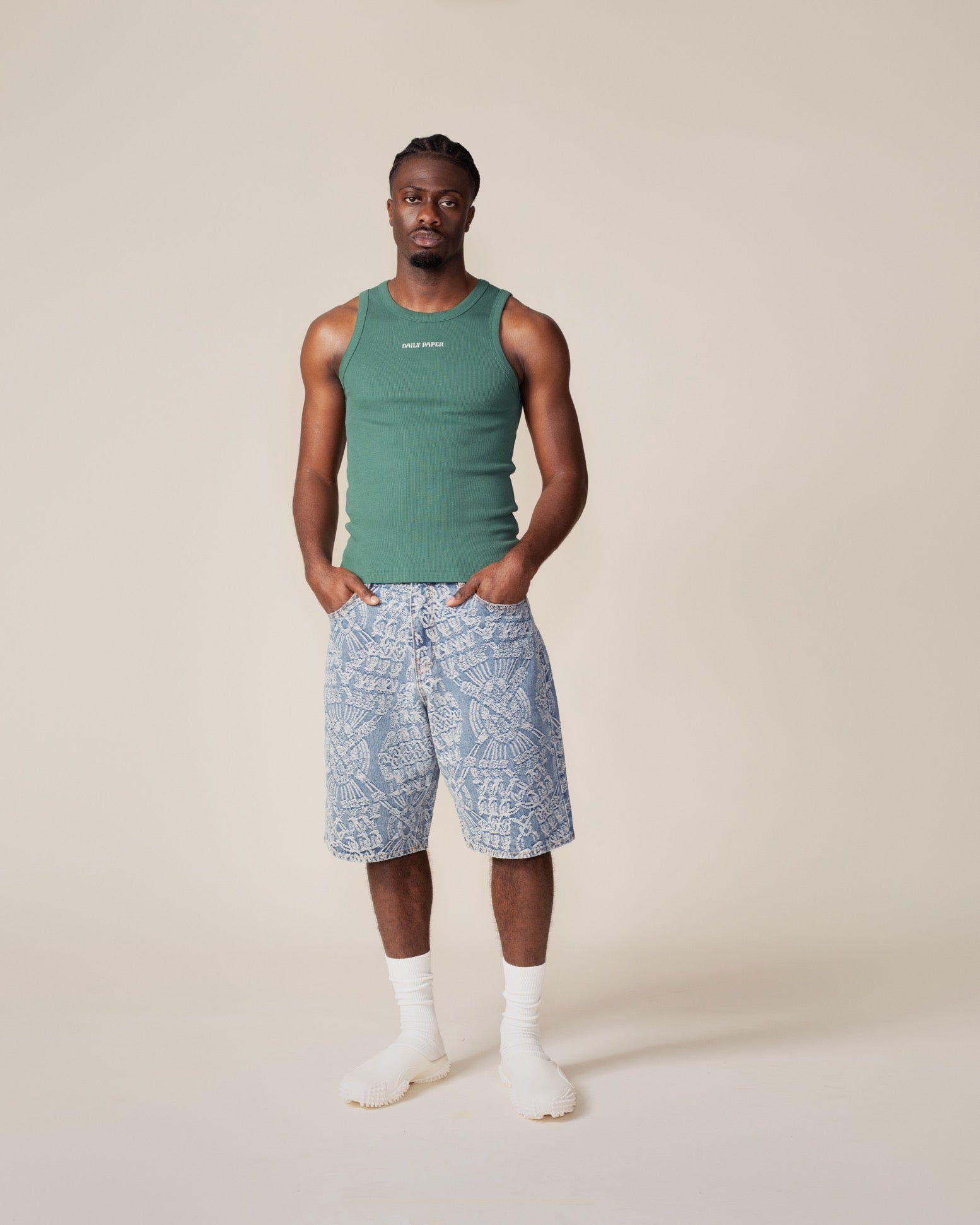 DP - Mid Blue Macrame Denim Shorts - Modelshot - mens