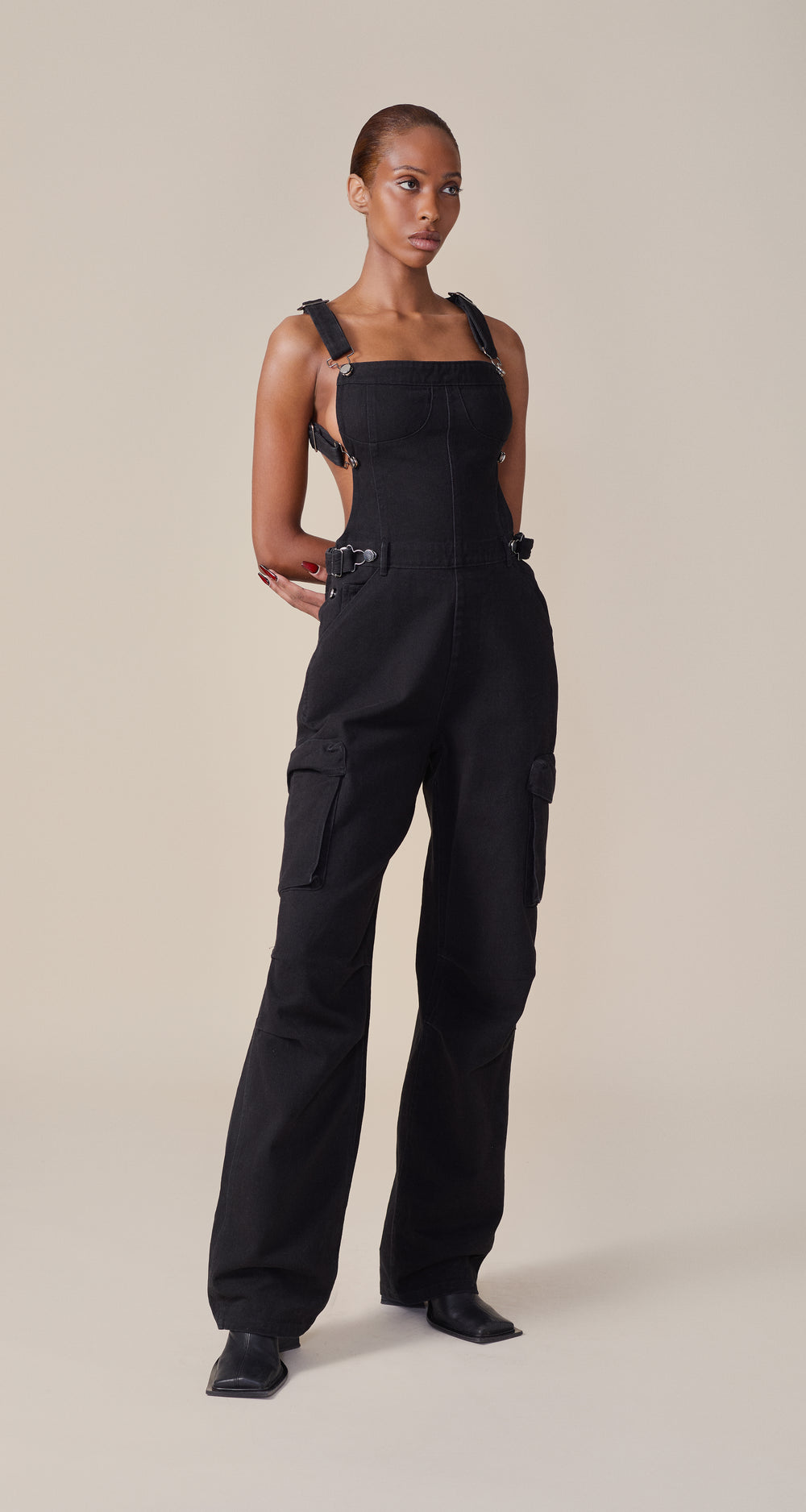 DP - Black Cotton Dungaree - Modelshot - wmn - front