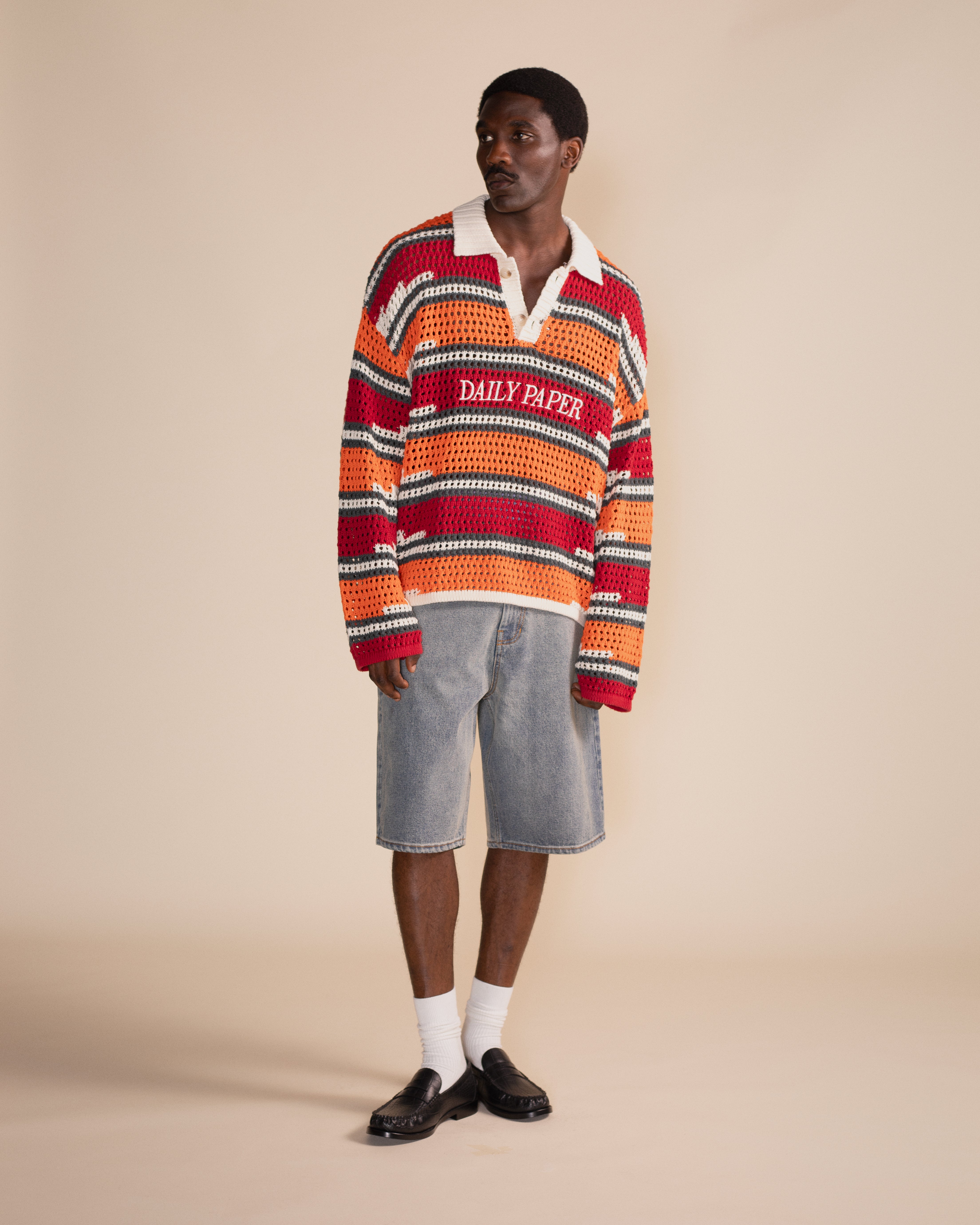 DP - Haute Red Tigerlily Kente Stripe Knit Polo - Modelshot - mens