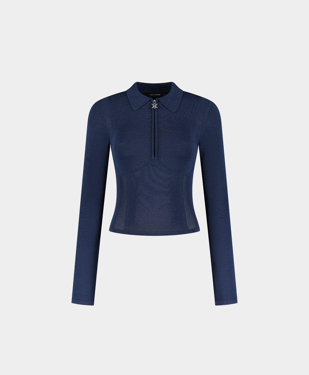 DP - Blue Zip Knit Polo Long sleeve - Packshot - front 